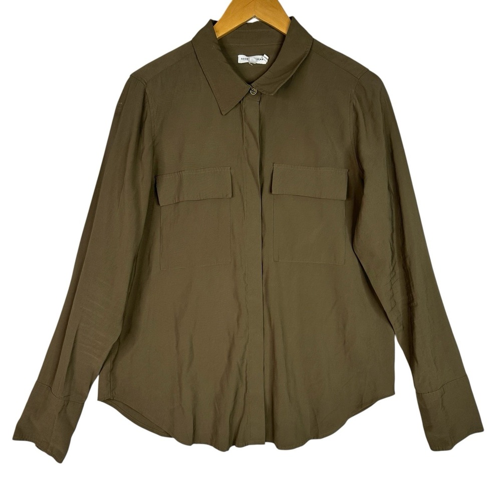 Good American Utility Shirt Womens 2 Olive Green Button Up Pocket Blouse